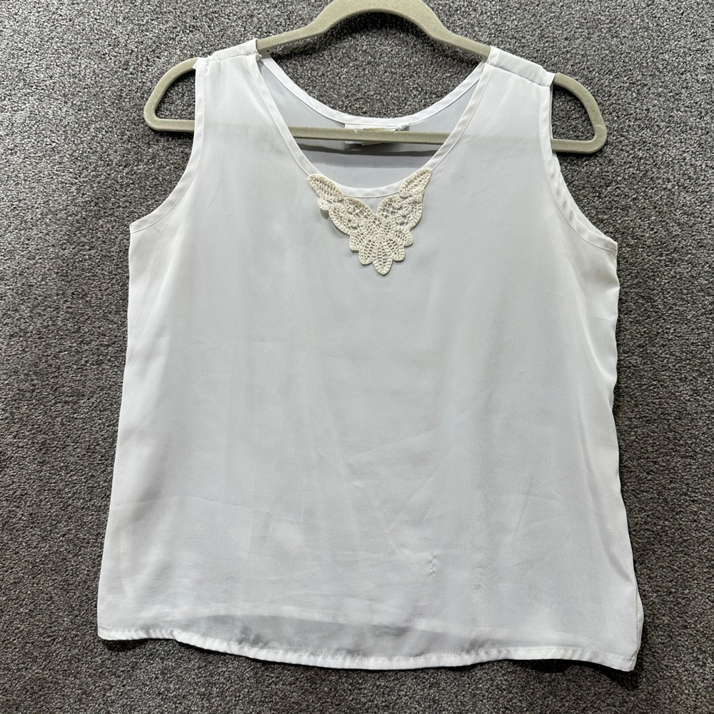 VTG Impressions of California Tank Top Large White Blouse Butterfly Lace